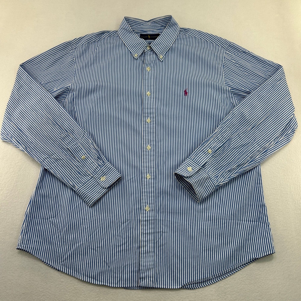 Ralph Lauren Mens XXL Slim Fit Blue White Striped Button Down Shirt Long Sleeve